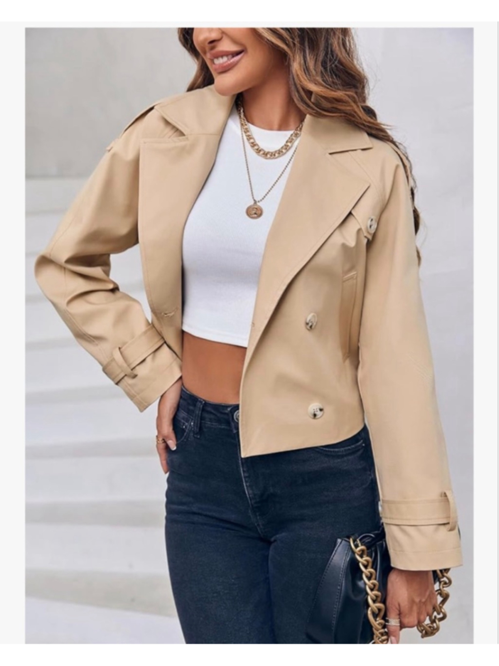 NEW Lapel Double Breasted Cropped Belted Trench Coat Jacket M - Picture 6 of 6
